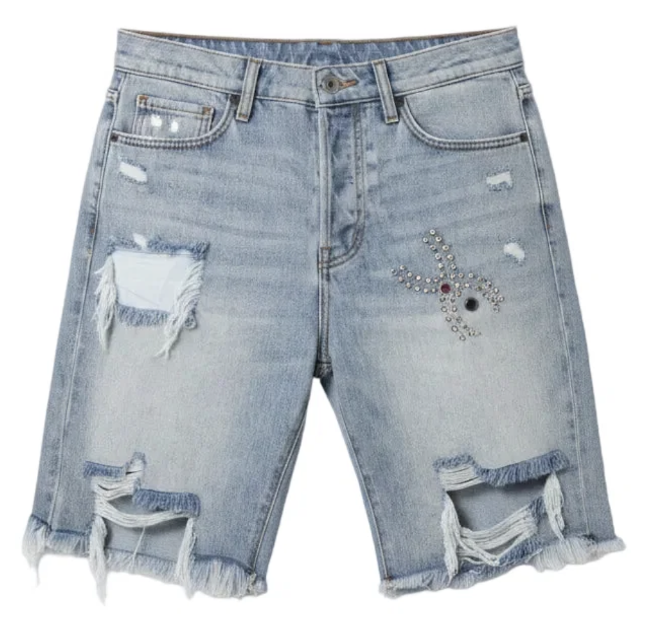 MNML Distressed Spider Jorts "Light Blue"