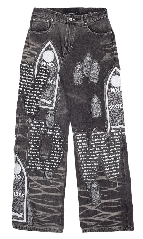 Who Decides War Motif Patched Denim