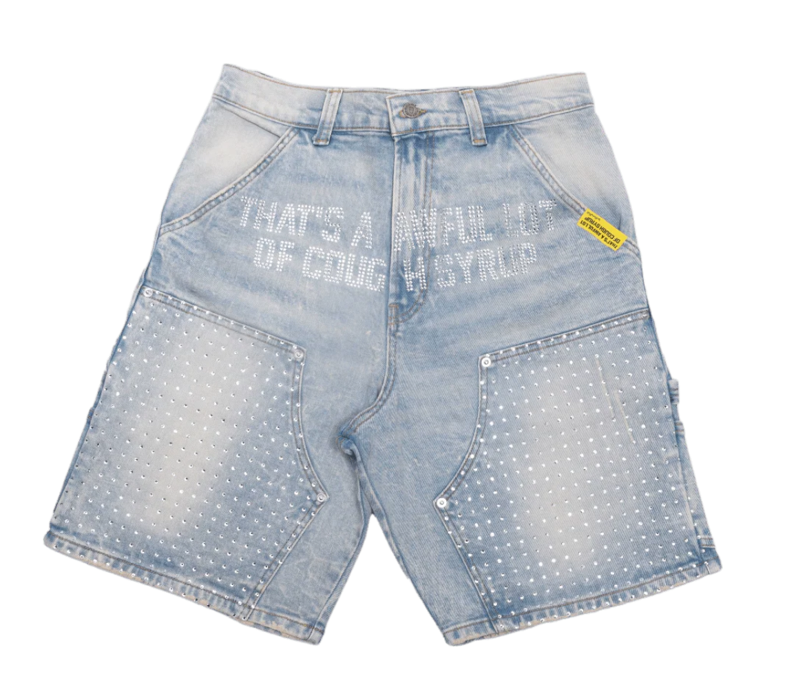Thats An Awful Lot Of Cough Syrup Rhinestone Jean Shorts "Light Blue"
